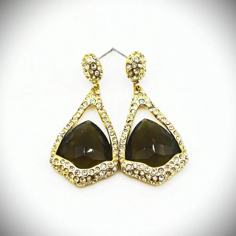 ALEXIS BITTAR Yellow Gold Plated Faceted Brown & Clear CZ Pave Dangle Earrings - Picture 3 of 8
